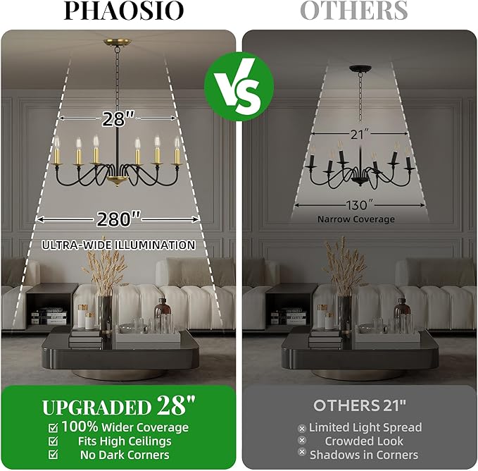 Rustic Farmhouse Candle Chandelier for Dining Room, 6-Light Rustic Black Iron Light Fixture with Classic S-Arm Design for Kitchen Island, Living Room, Foyer-Black and Gold