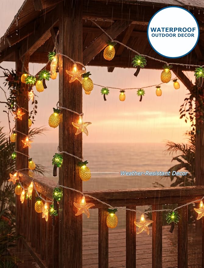 19Ft Hawaiian Beach String Lights Outdoor with 35 LED Starfish, Pineapple & Palm Tree Lights, Plug-in Tropical Party Decoration for Patio, Backyard, Garden, Window, Tiki Bar, Pool Party Decor