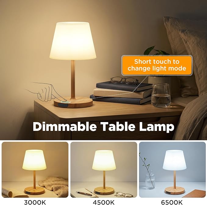 LUTEC Shower Lamp Waterproof, 6000mAh Rechargeable Cordless Table Lamp with 3 Color Temps and Stepless Dimming, Touch Control & Portable LED Nightlight for Bathroom, Desk, Outdoor(Wood Grain)