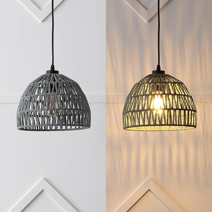 JONATHAN Y Campana 1-Light Pendant Dome Ceiling Lamp, 10.25", Gray | Modern Coastal Farmhouse Decor, Adjustable Height, Woven Rope Metal Frame, LED Bulb Included, UL Listed