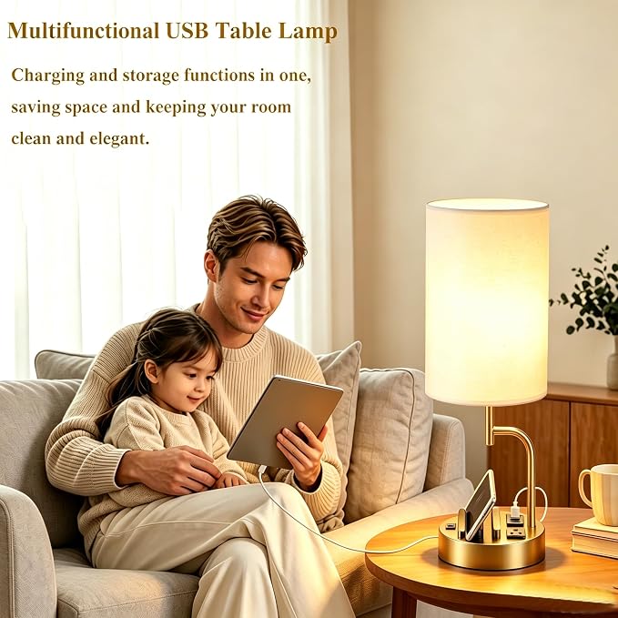Dreamholder 2 Pack Table Lamp, Bedside Lamp with 3 USB Charging Ports & AC Outlet, USB Desk Lamp with 2 Phone Holders, Linen Fabric Shade Nightstand Lamps for Bedroom Living Room Office, Gold