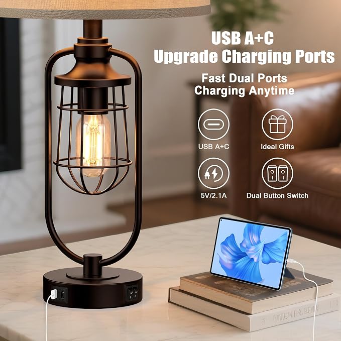 Table Lamps for Living Room Set of 2, Farmhouse Lamps for Night Stands, Industrial Bedside Lamps for Bedroom Nightstand with USB A+C, Bulbs Included