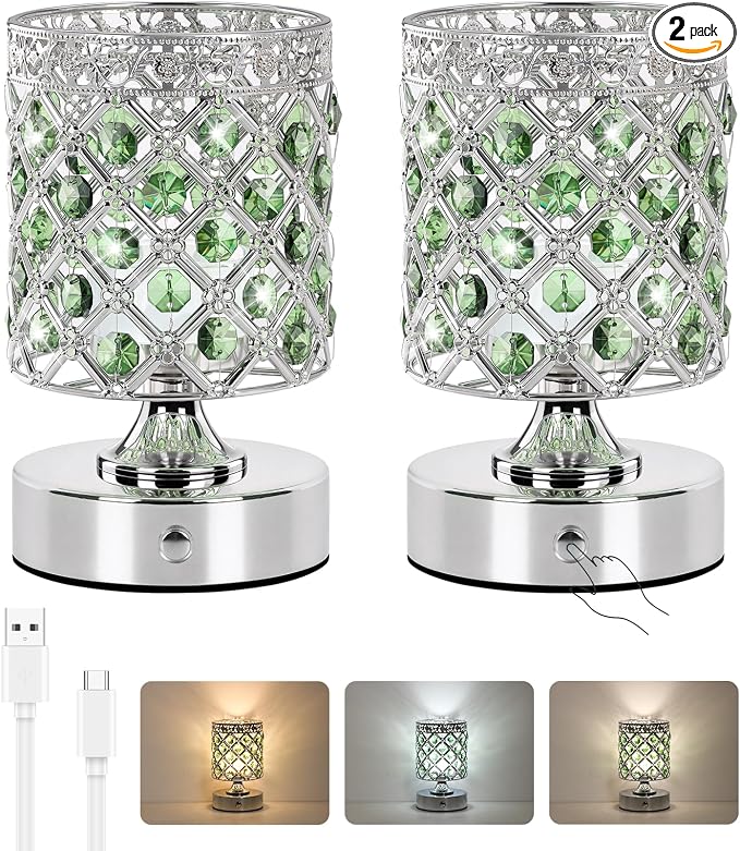 Green Small Crystal Rechargeable Cordless Table Lamps Set of 2 | 6000mAh Battery, 3 Color Temps, Stepless Dimming, Touch Control, Portable Wireless Night Light for Bar Bedroom Living Room