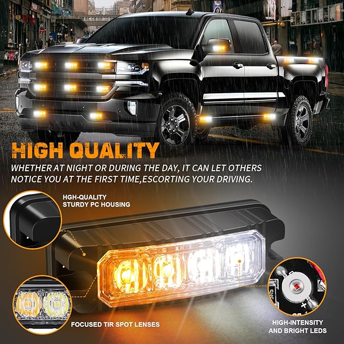 XRIDONSEN 8PCS Sync Truck Grill Lights 32 LED Strobe Lights Amber White Grille Surface Mount Emergency Flashing Warning Safety Hazard Caution Light for Tow Plow Trucks Construction Vehicles Car