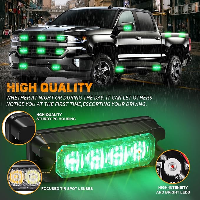 8PCS Sync Grill Strobe Lights 32 LED Green Emergency Lights | Grille Surface Mount Warning Safety Hazard Caution Light for Tow Plow Trucks Construction Vehicles, Car, ATV, UTV, Motorcycle