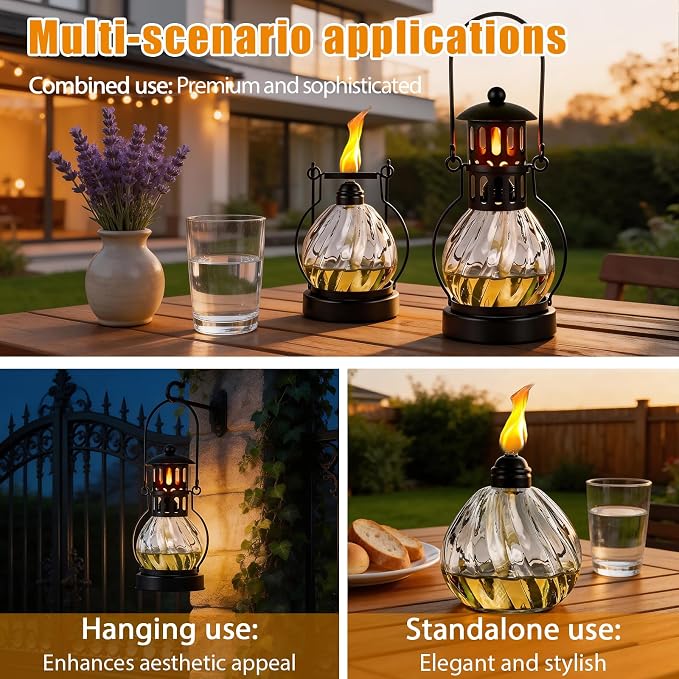1 Pcs Glass Table Top Torches, 14 oz Citronella Torches for Outside | Features hanging handles, Refillable Flame Light Torch, Decorative Tabletop Lantern for Yard, Patio, Garden, Party, Landscape
