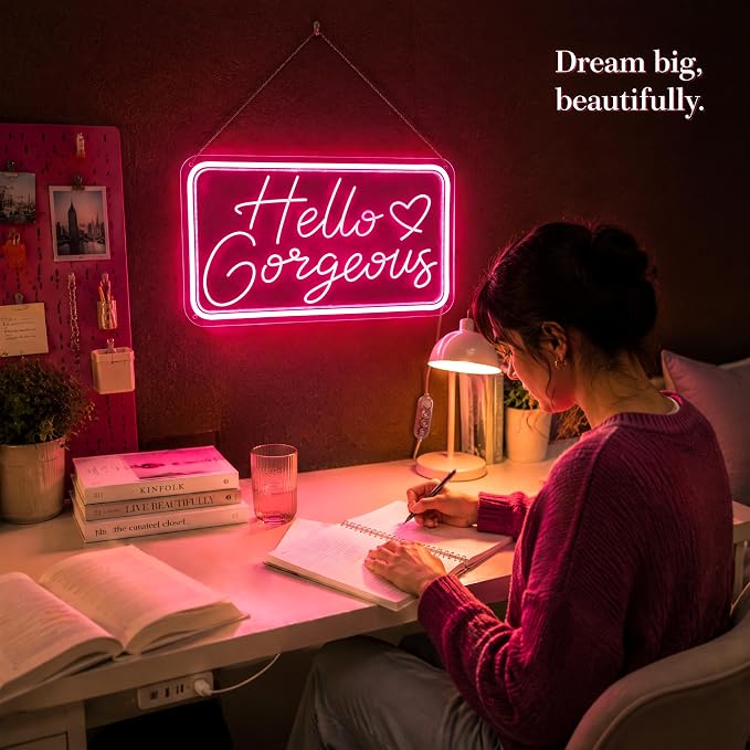 "Hello Gorgeous" Pink LED Neon Sign – Dimmable Motion Sensor Light Up Signs for Wall Decor,USB Powered Acrylic Neon Signs for Bedroom, Girls Room, 16.5"x9", Pink Light