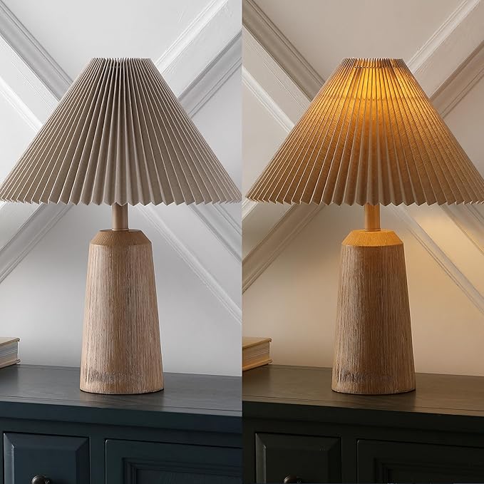 JONATHAN Y 20.5" Beige Wood Finish Rustic Scandinavian Lighthouse LED Table Lamp, Mid-Century Resin Bedside Light with Pleated Linen Shade, LED Bulb Included JYL1146A