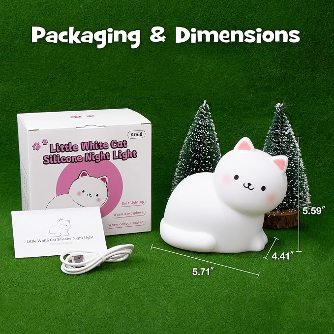 Squishy Cat Night Light with RGB Modes Cute Cat Lamp Warm White 3 Brightness Adjustable Nursery Breastfeeding Nightlight Rechargeable Silicone Soft Touch Bedside Animal Lamp for Bedroom Dorm Decor