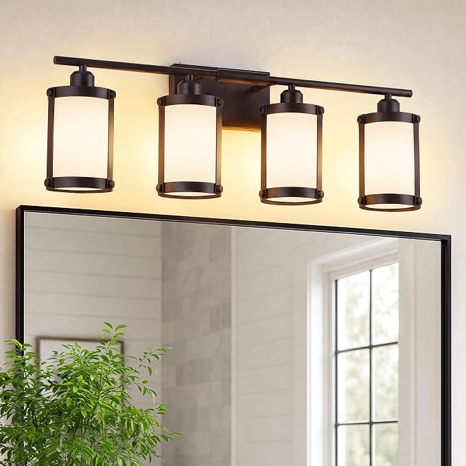 4-Light Oil Rubbed Bronze Bathroom Light Fixtures Over Mirror with Frosted Milk Glass and Metal Cage Shade, 29" UL-Listed Modern Farmhouse Wall Sconce for Bath, Hardwire E26, OS-3014ORBW-4W