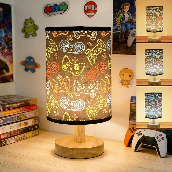 Video Game Table Lamp Kids Bedside Lamps for Bedroom 3 Colors Dimmable Nightstand Night Light Game Lover Decorative Lights with Flaxen Fabric Shade Desk Lamp for Girls Boys Home Playroom Decor