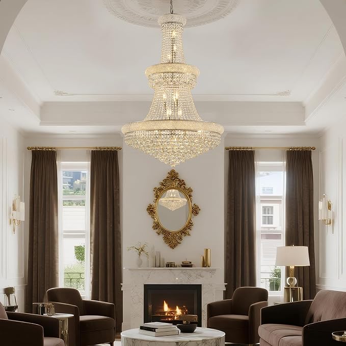 32" W 27 Light Luxury Foyer Chandeliers, Unique Empire K9 Crystal Chandelier for High Ceiling Foyer Entryway Living Room (Silver)
