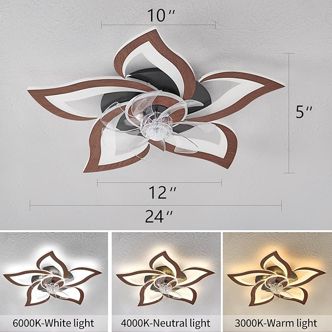 Geometric Ceiling Fan with Lights and Remote Control, 3 Light Colors, 6 Speeds, Low Profile Flush Mount for Kitchen, Bedroom, Living Room