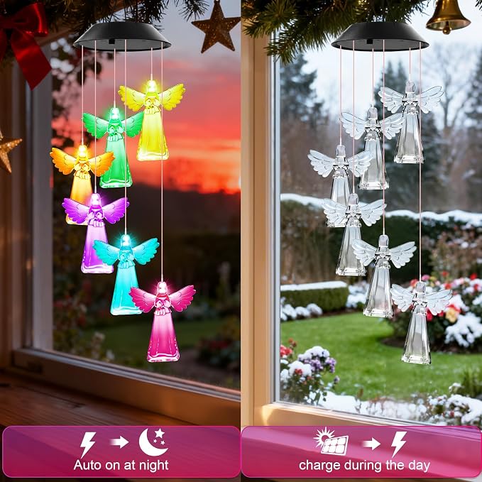 Winzwon Angel Solar Wind Chimes for Outside, Memorial Garden Decorations | Christian Gifts for Women, Mom, Grandma, Sister, Memorial Gifts for Loss of Loved One, Solar Lights Outdoor Yard Decor