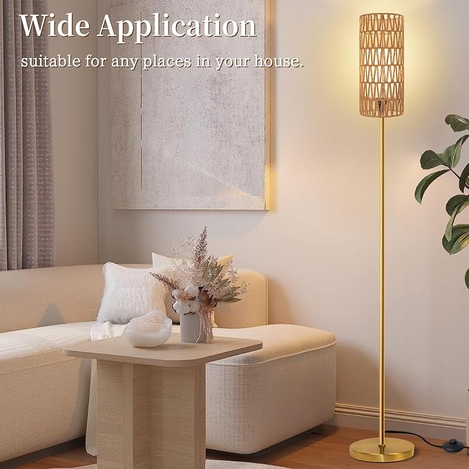 Ruiever Floor Lamp for Living Room,Farmhouse Floor lamp,Modern Standing lamp with Hand-Worked Rattan Shade (Round Rattan Shade Gold Color-3 Color Bulb)