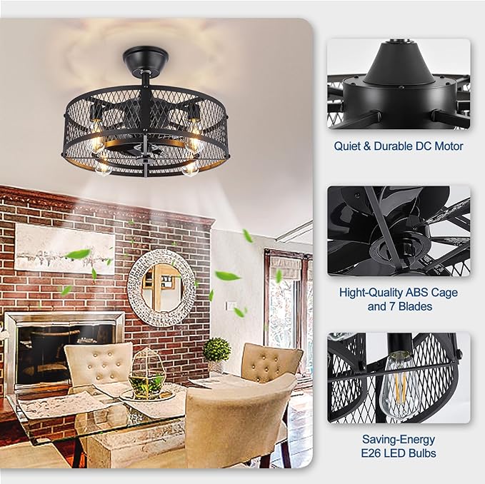 DLLT Caged Ceiling Fan with Light: 20" Farmhouse Fandelier with Lights and Remote & APP - Black Rustic Semi Flush Mount Bladeless Ceiling Fans Enclosed Fan for Bedroon Kitchen Living Dining Room
