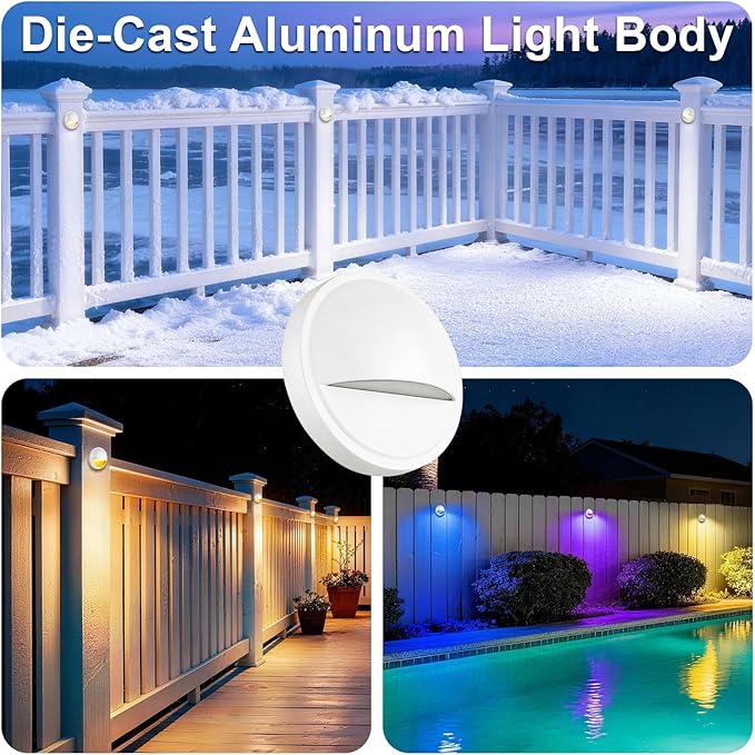 RGB Deck Lights Outdoor, 3W 12V Color Changing Low Voltage Post Lights for Outdoor Waterproof Deck Post Fence Railing Step, Wired LED Landscape Deck Lighting Accessories for Christmas, 12PK