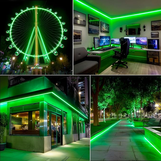 GZBtech Flexible LED Neon Rope Lights 50FT,AC 110-120V Waterproof Strip Light, 120 LEDs/M Cuttable Connectable Neon Lighting for Indoor Outdoor Home Decor/Commercial Building Use-Green 15M, ETL Listed