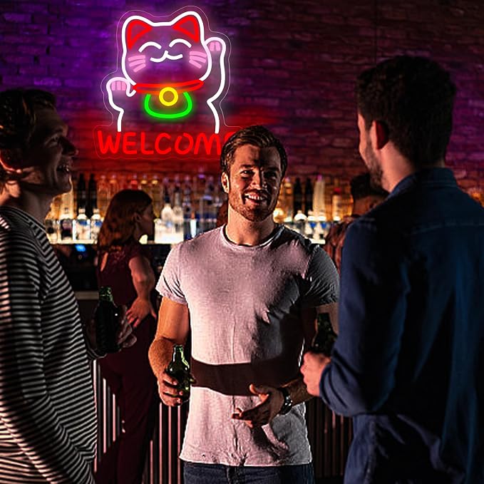 Welcome Cat Neon Sign for Wall Decor Lucky Cat Neon Light for Japanese Cave | Dimmable Neon,Birthday Japanese Gifts,Led 5V USB Powered,Bar,Resturant,Party,Pub Decor,Business Shop Wall Art,13*13in