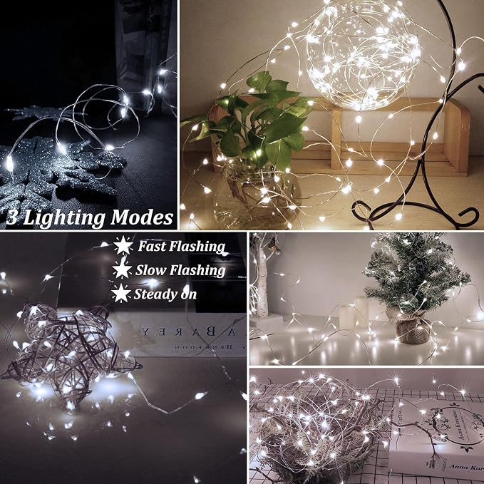 AIKEI 100 Pack LED Fairy Lights Battery Operated, Mini String Lights Waterproof 7ft 20 Led Firefly Starry Lamps 3 Lighting Modes for Wedding Party Bedroom Garden Halloween Christmas Decoration White