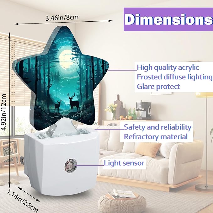 Night Lights Plug Into Wall Decorative,Fantasy Forest Deer Nightlights for Kids Bedroom, Starry Moon Night Energy Efficient Dusk-to-Dawn Sensor Sleep Friendly Lamp for Nursery Bathroom