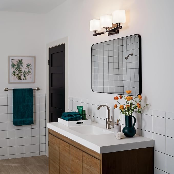 Kichler Marette 3-Light Bathroom Vanity Light, Black | Modern transitional vanity light with satin etched cased opal glass (22.75" x 8"), 55002BK