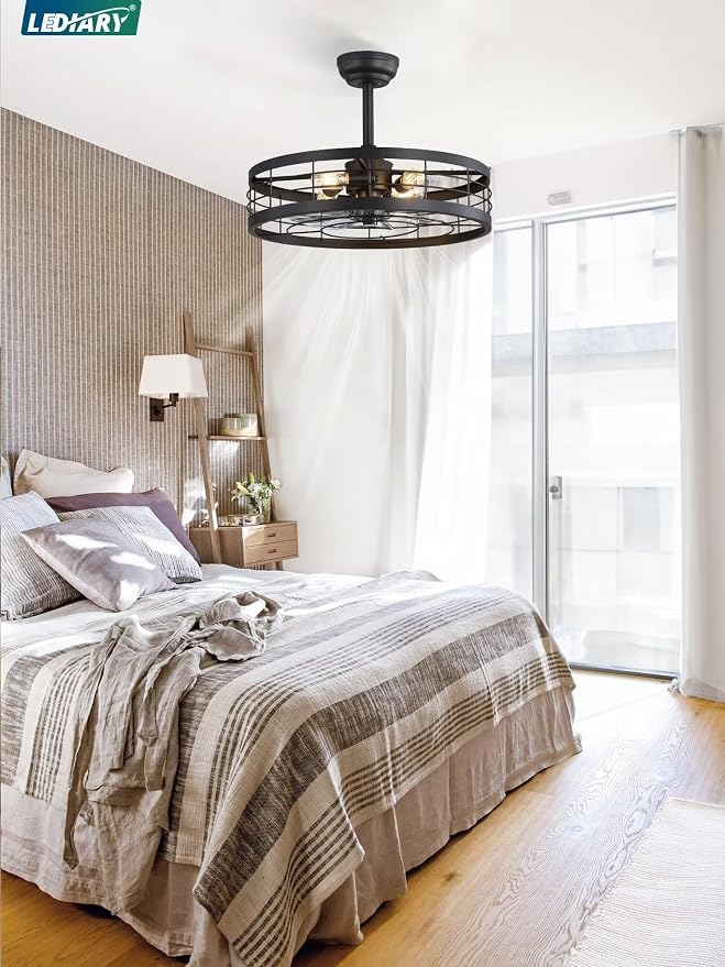 LEDIARY 22 inch Farmhouse Caged Ceiling Fan Light with Remote, Black | 6 Speed Adjustable,Timing, Quiet & Powerful DC, Large, Farmhouse, Industrial, Enclosed, Bladeless, Bedroom, Kitchen, Downrod