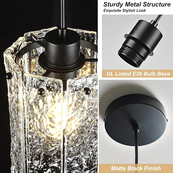 Black Pendant Lights Kitchen Island 2 Pack Modern Water Ripple Glass Pendant Lights Fixtures Round Adjustable Hanging Pendant Lighting for Kitchen Island Dining Room Over Sink Table Entryway