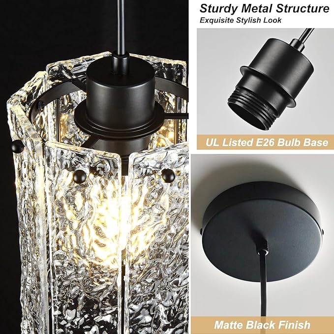 Black Pendant Lights Kitchen Island 1 Pack Modern Water Ripple Glass Pendant Lights Fixtures Round Adjustable Hanging Pendant Lighting for Kitchen Island Dining Room Over Sink Table Entryway