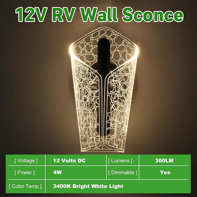 12V LED Wall Sconce with Switch, 3400K 4W Dimmable Decorative Lamp with Acrylic Lens, RV Interior Light Fixture for RV, Motorhome, Trailer, Camper, Boat
