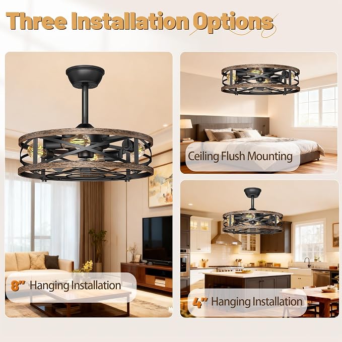 20in Caged Ceiling Fan with Lights, Low Profile Ceiling Fan, Small Rustic Industrial Farmhouse Ceiling Fans with Lights,Reversible Flush Mount Fandaliers Fan Light Ceiling Fixture for Bedroom Kitchen