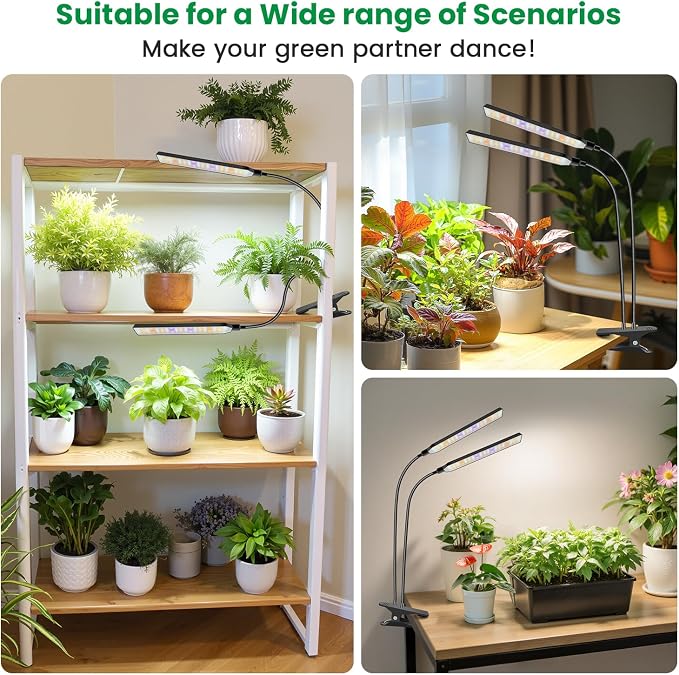 Aumtrly Clip on Grow Lights for Indoor Plants, 2 Head 114 LED Full Spectrum | for Seed Starting Growing, 6/12/16H Timer, 5 Dimming, 3 Light Modes, Flexible Gooseneck, Black Desk Plant Lamp with Clamp