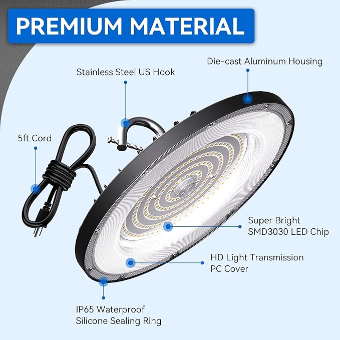 UFO Led High Bay Light 200W(800W MH/HPS Equiv.), 30000lm, 6000K Daylight High Bay Led Light with 5' Cable US Hook, IP65 Waterproof Commercial Light Fixture for Warehouse Workshop Barn Factory