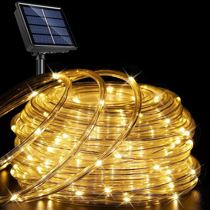 QITONG Solar Rope Lights Outdoor Waterproof, 66ft 200 LED String Lights, 8 Modes Fairy Lights in Clear Thin Tube (Warm White)