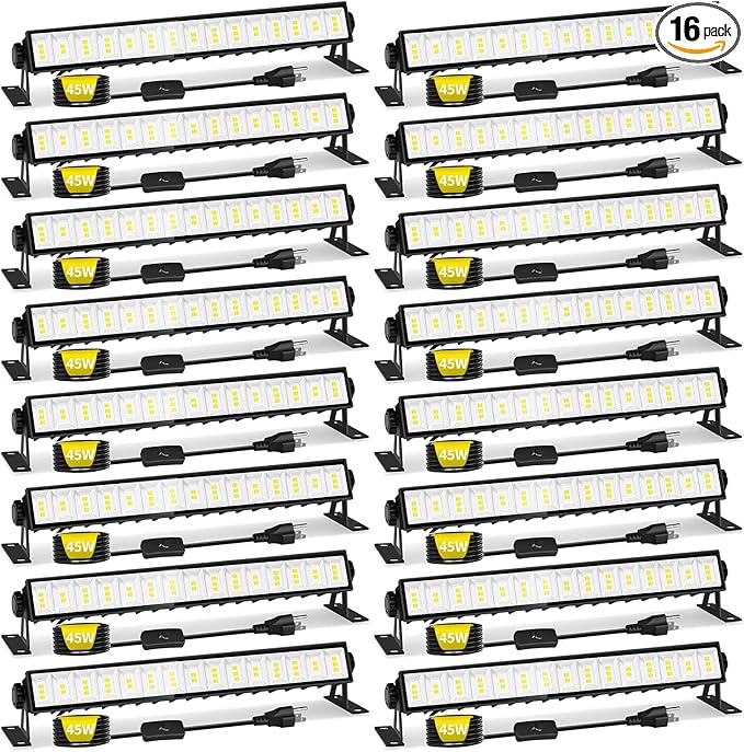 16 Pack LED Shop Light 5400LM Super Brighter, 45W Plug in Garage Light with 6FT Cord and On/Off Switch, 6000K IP66 Waterproof Outdoor Work Shop Bay Lighting for Garage Workshop Warehouse Factory Yard