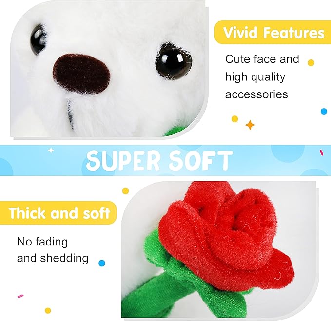 Houwsbaby Glow Teddy Bear with Rose White Bear Stuffed Animal Soft Light Up Plush Toy LED Night Lights Birthday Christmas for Kids Toddler Girlfriend,White,10.5''