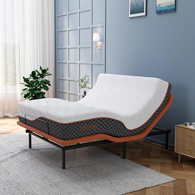 ESHINE Queen Adjustable Bed Frame 12" Hybrid Matt with Dual USB | Bed Base, Lumbar Support, Head-Pillow-Tillt, Wireless Remote, Zero Gravity, Smart App, Under Bed Light, 6000 Series