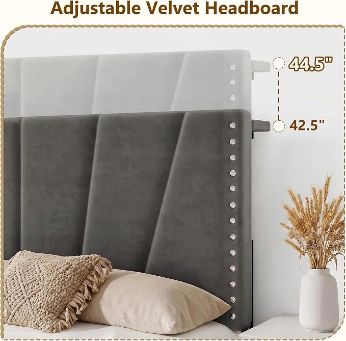 EnHomee Queen Bed Frame with LED Lights & USB, Noise-Free, Charcoal Grey | Adjustable Velvet Headboard，Under-Bed Storage，Heavy Duty Support with 12 Slats，No Box Spring Needed，Easy Assembly for Bedroom
