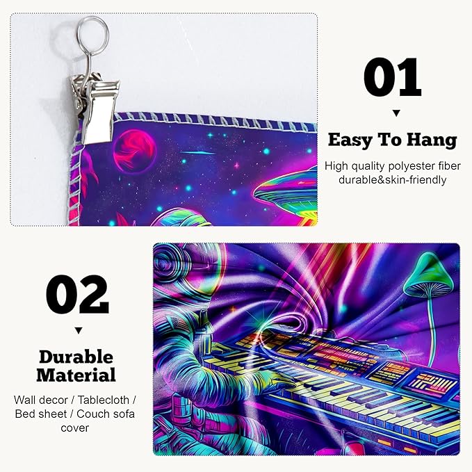 BVBOX Blacklight Space Astronaut Tapestry UV Reactive Galaxy Planet Glow in Dark Tapestries Black Light Poster Neon Wall Hanging Art for bedroom Living Room (Astronaut Play the Keyboard-1M)