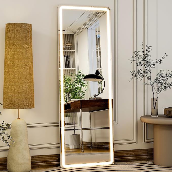 56" x 20" Full Length Mirror, LED Lighted Floor Standing Mirror | Dimming & 3 Color Lighting and Shatterproof Tempered Glass Wall Hanging or Leaning Full Body Mirror for Bedroom/Home Decor