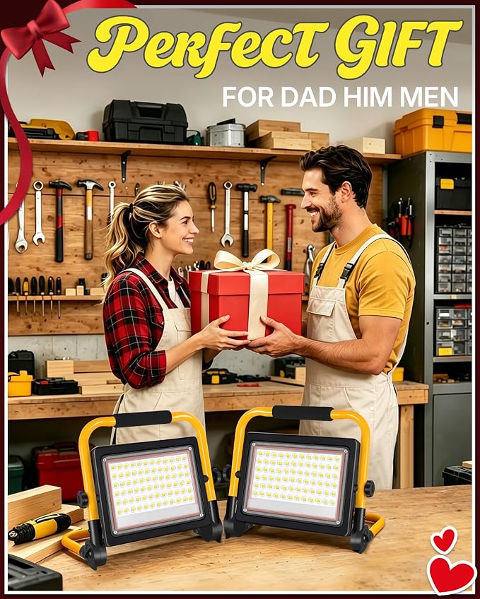 2 Pack 7200LM LED Work Light with Switch, IP66 for Garage Workshop | 60W Flood Light Outdoor, Portable Job Site Lighting with Stand, 5000K Daylight Worklight for Construction Car Repairing