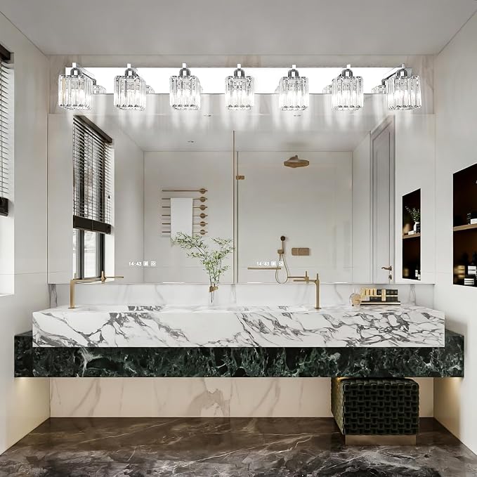 Aipsun Bathroom Vanity Light Fixtures Chrome Vanity Light for Bathroom Crystal Vanity Lighting Fixtures 7 Light (Exclude Bulb)