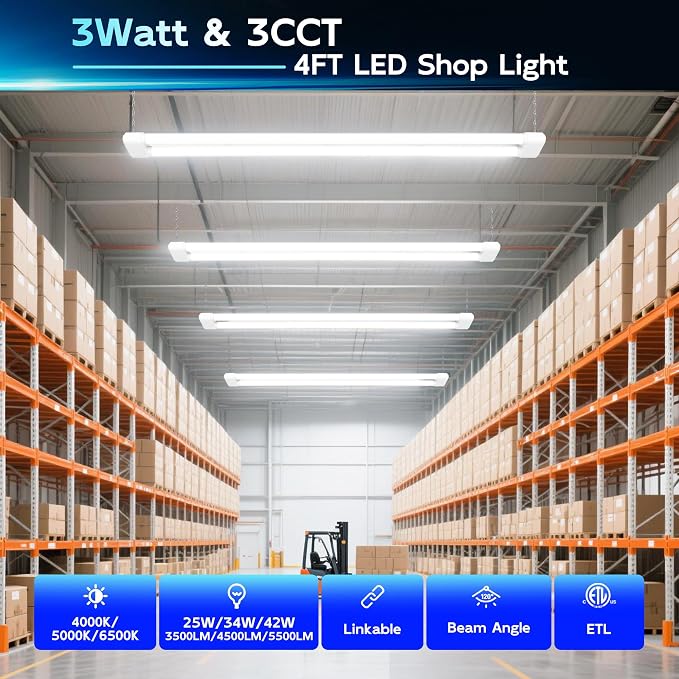 hykolity LED Shop Lights 4FT with Power Cord,5500LM,3 Power Level&3CCT | Shop Light 4000/5000/6500K Tunable,25/34/42W Switchable,Linkable Hanging/Surface Mount Shop Lights for Workshop,Garage,4 Pack