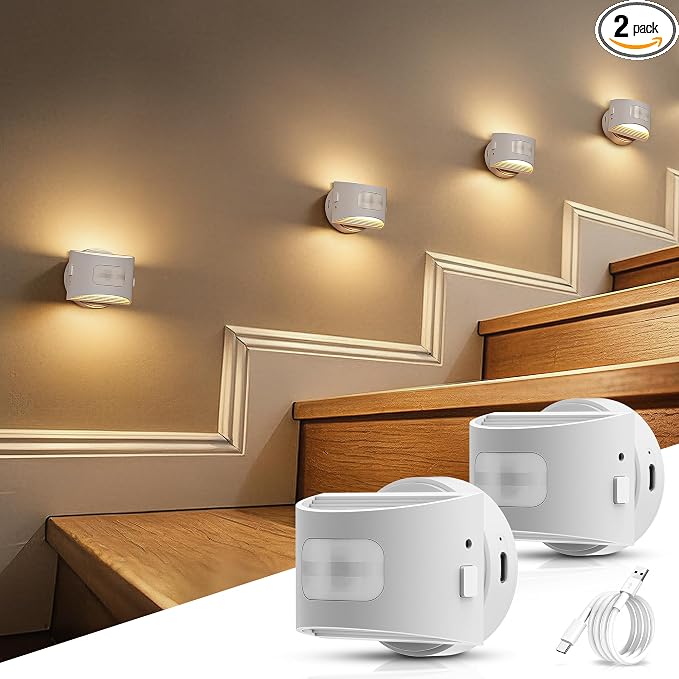 Motion Sensor Night Light Indoor, Rechargeable Night Lights | Magnetic Stick-On Stair Lights 3000K Warm White, Battery Operated lights for Hallway,Kitchen,Closet,Bedroom