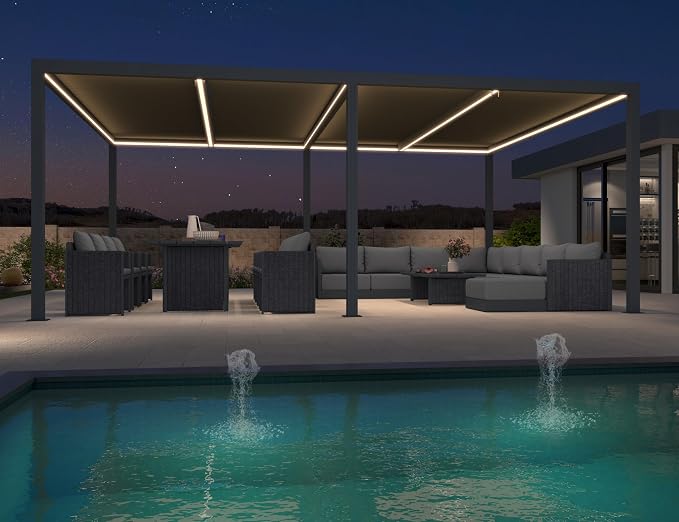 PURPLE LEAF Louvered Pergola 14' x 20' 94AS LED Strip Light 53mph Windproof | Four Adjustable Roofs, Reinforced 5.12-Inch Beams, All-Aluminum Rustproof, Plus Hidden LED Lights, Multiple Size Options