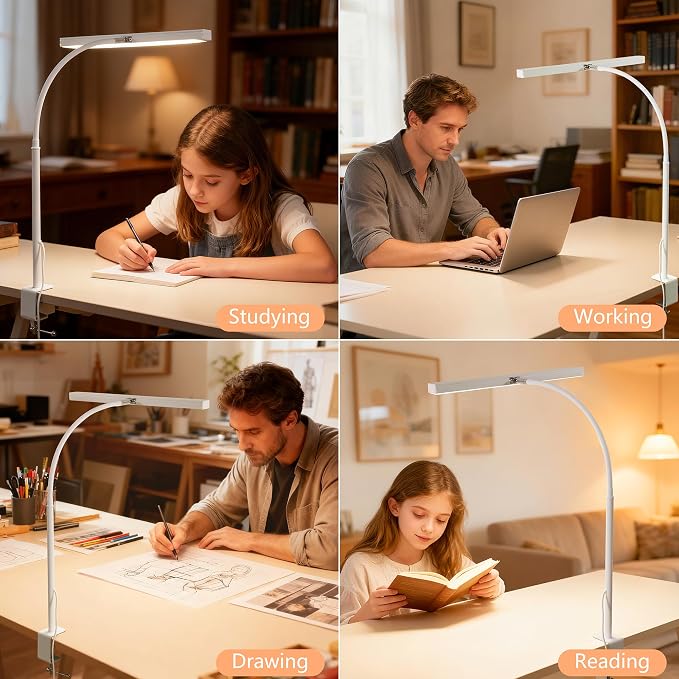 LED Desk Lamp for Office Home, Adjustable Flexible Eye-Caring Desk Light with,5 Modes 10 Brightness Adjustment, USB Adapter Desk Lamp with Clamp-T-W