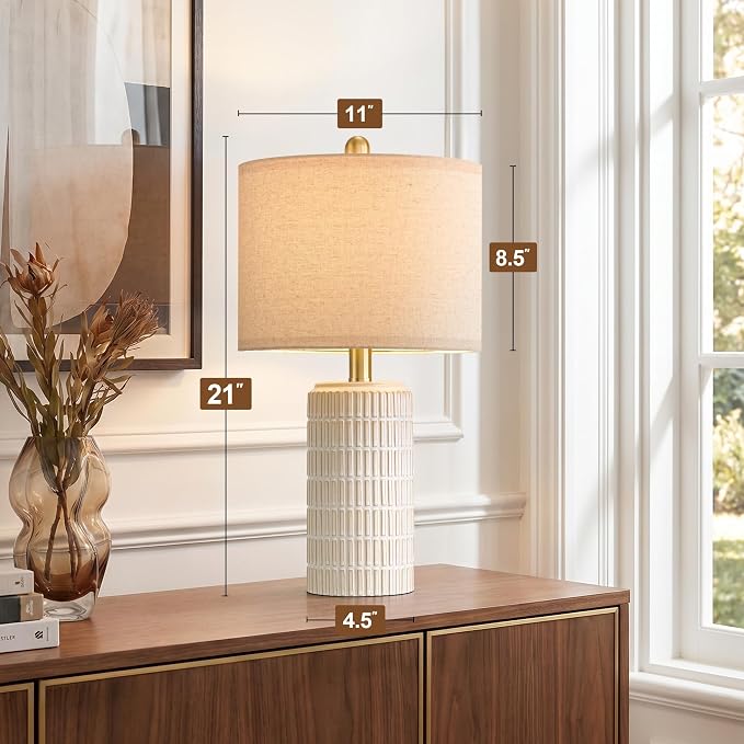 PoKat 21'' Modern Ceramic Table Lamp with Gift Box, White for Bedroom,Small | Bedside lamps for nightstands, gold pole design, farmhouse home decor for living room, ideal housewarming gift for women