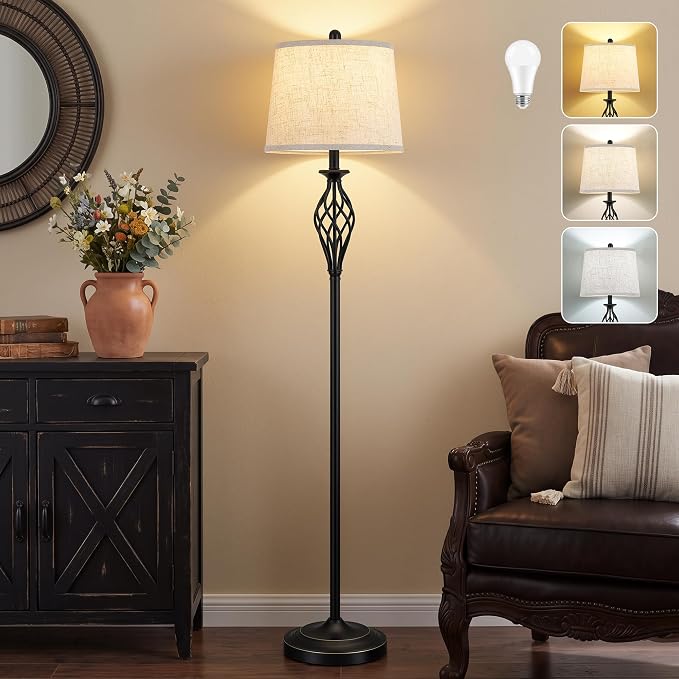 EJIAXIN Floor Lamps for Living Room - 62" Farmhouse Vintage Standing Lamp for Bedroom with Adjustable Color Temperatures,Black Tall Lamp with Linen Shade,Reading Light for Home Office,Bulb Included