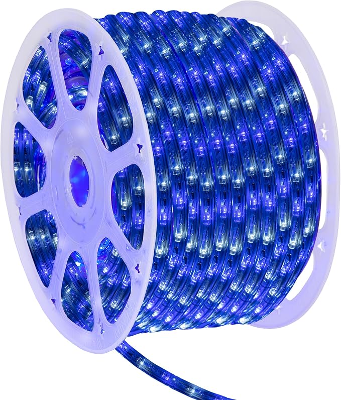 Wintergreen Lighting 150' Blue and Cool White LED Rope Light, Christmas Outdoor Light Décor Rope Lighting - 120V, ½ Inch, 2-Wire - Rope Light Clips and Power Cord Included