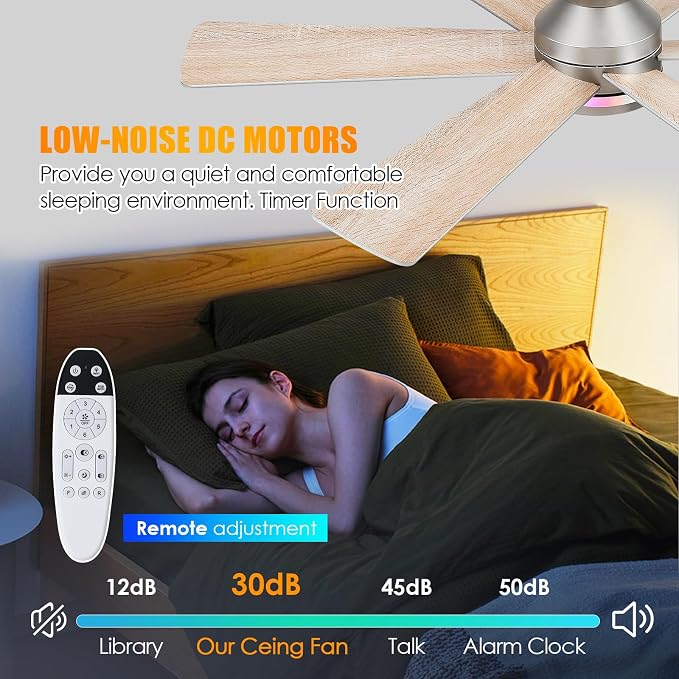 46" 6-Blade Silver Low Profile RGB Ceiling Fan with Light and Remote/APP | 11 RGB Modes,Reversible 6 Wind Speeds,Dimmable 3 CCT LED, 25W Quiet DC Motor,Timer,6 Double-Sided Blades,for Kidsroom Party